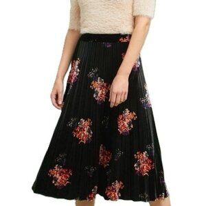 Anthropologie MAEVE Floral Velvet Skirt Pleated Midi Maxi Black Pleats A-Line XS